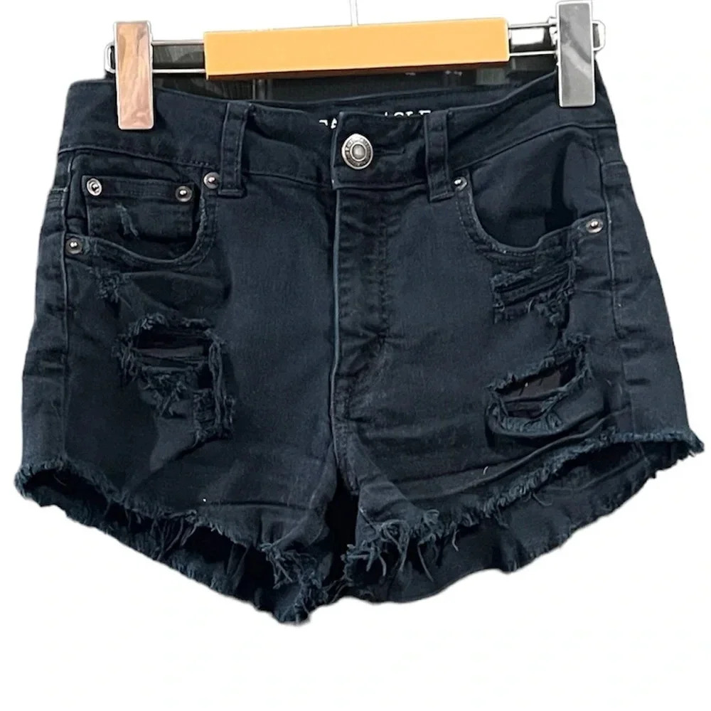 American Eagle Black Distressed High Rise Denim Shorts 0